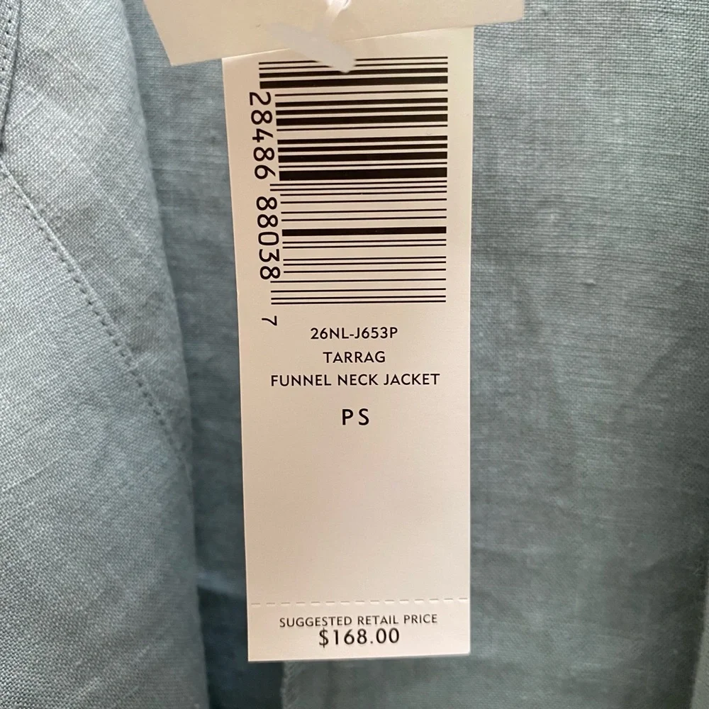 Eileen Fisher Funnel Neck Jacket Spring Linen Petite Small Tarragon Blue Green - Picture 15 of 15